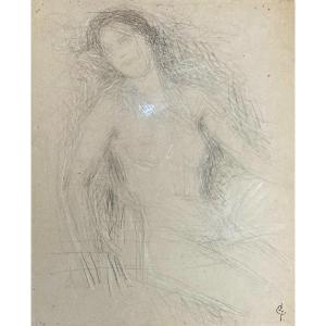 LAURENT Ernest (1859-1929) "Femme nue assise" Dessin/Crayon noir et craie blanche, monogramme