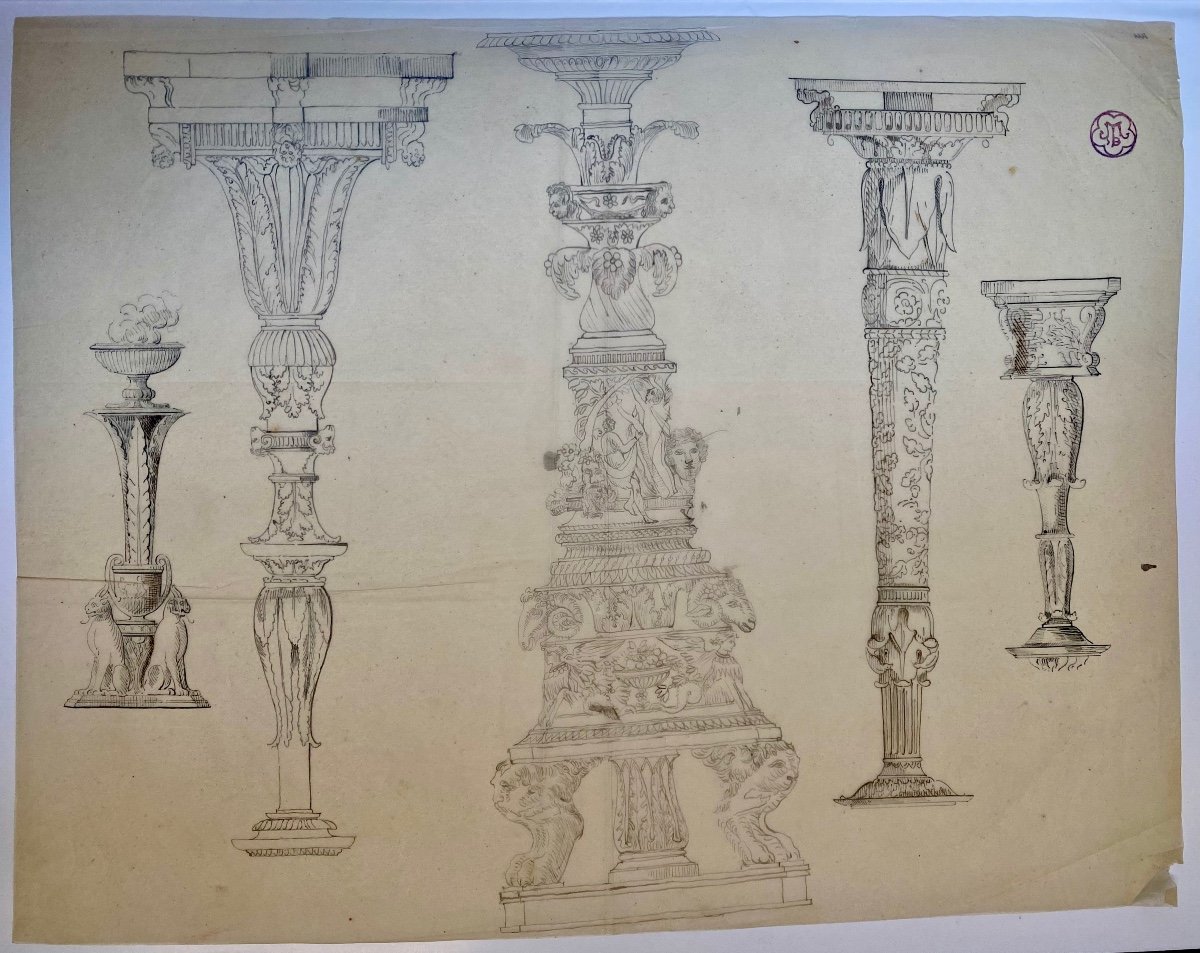 Large Calque By Eugène Viollet-le-duc, Study Of Candelabra, Travel To Italy