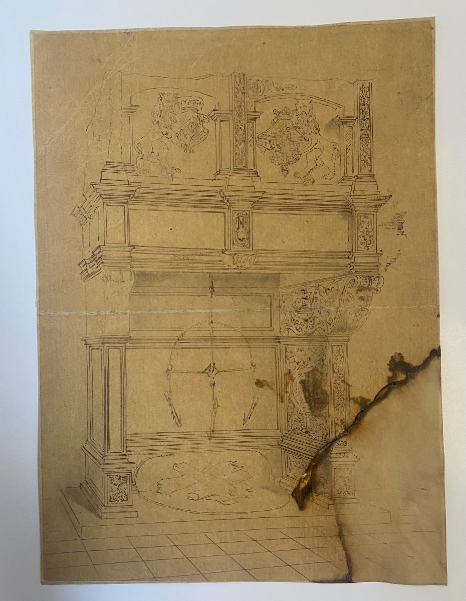 Two Drawings By Viollet-le-duc, Study Of Candelabra And Renaissance Fireplace. Still On Layer.-photo-2