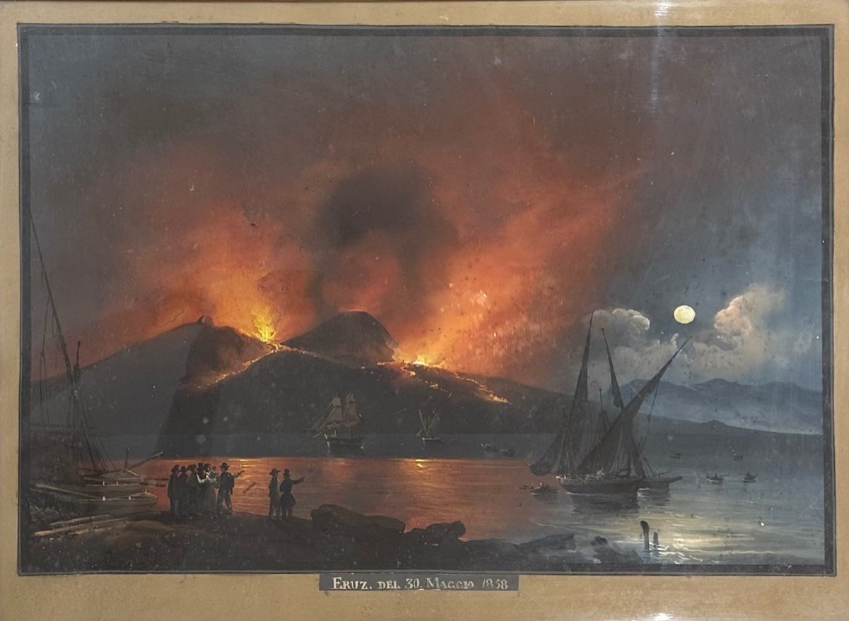 Grande Gouache Napolitaine - Souvenir Du Grand Tour - XIXe Siècle - Eruption Du Vésuve