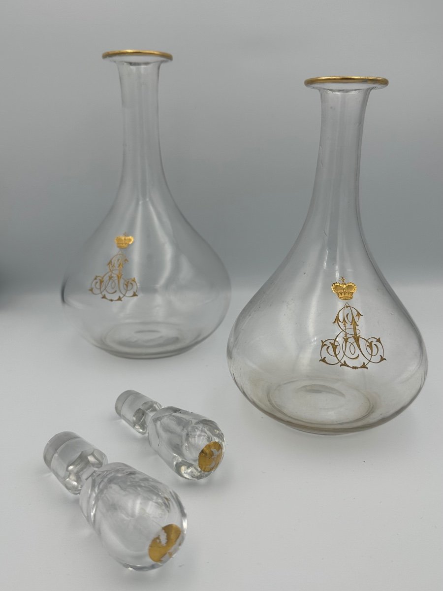 Exceptional Pair Of Crystal Decanters - Imperial Crown - Monogram -photo-1