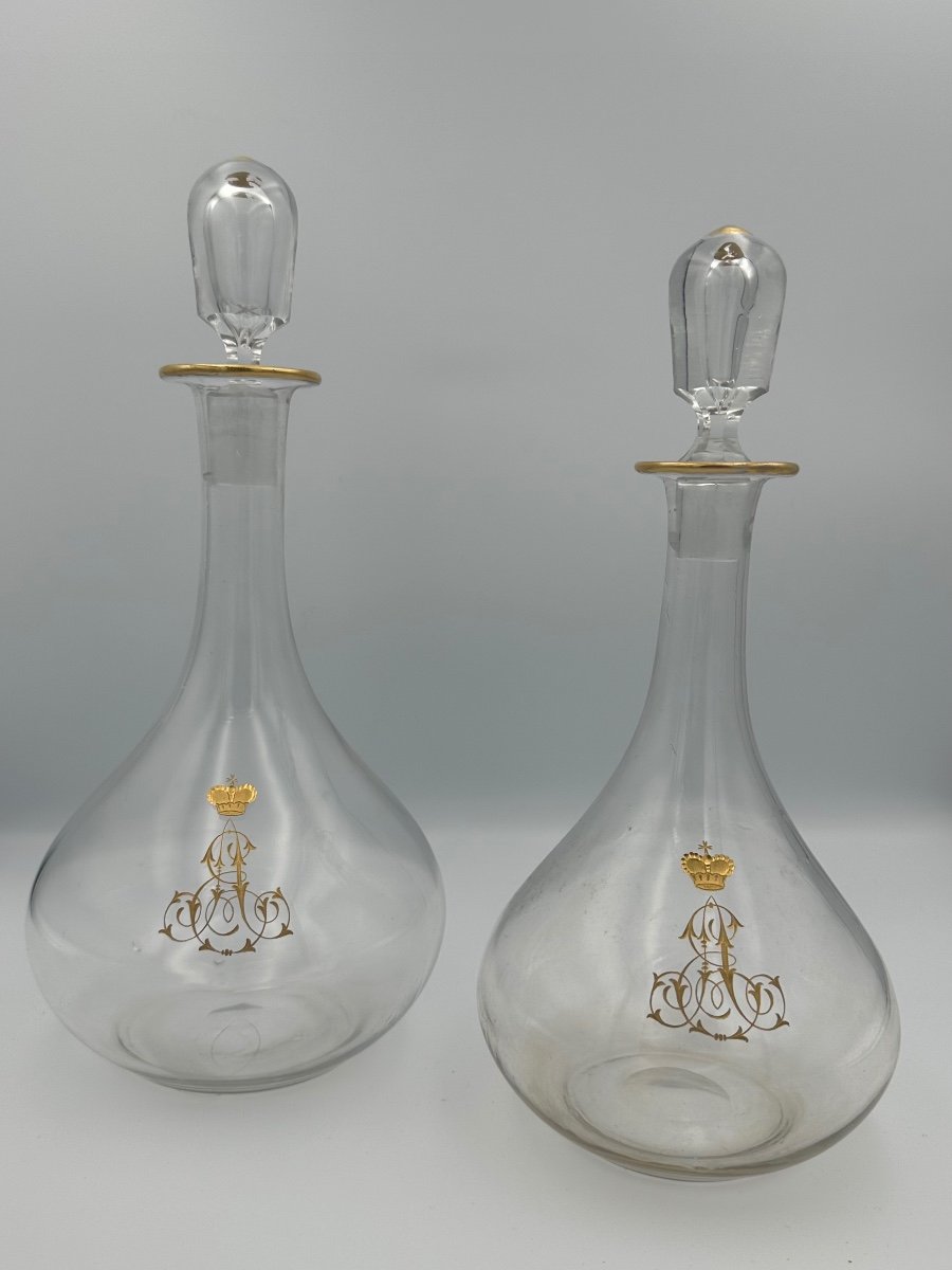 Exceptional Pair Of Crystal Decanters - Imperial Crown - Monogram 