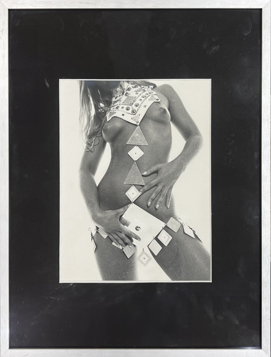 Jean Clemmer - Nude Model Wearing Jewelry And Accessories For Rabanne - Silver Print - 1969