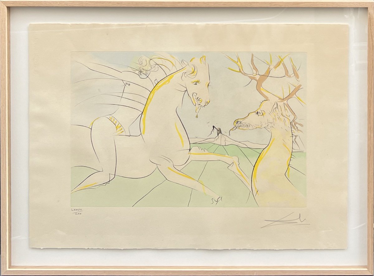 Salvador Dali - The Horse Wanting To Take Revenge On The Stag - Drypoint, Stencil - 1974