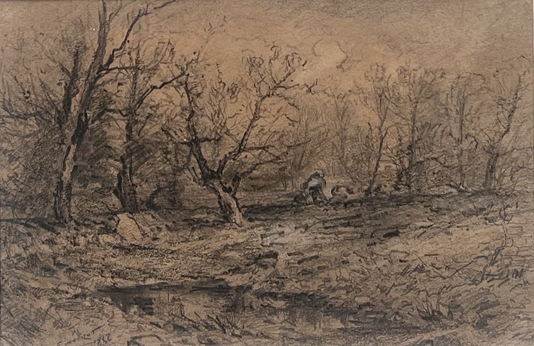 Émile Noirot - Paysage - Fusain Sur Papier Bistre -photo-2