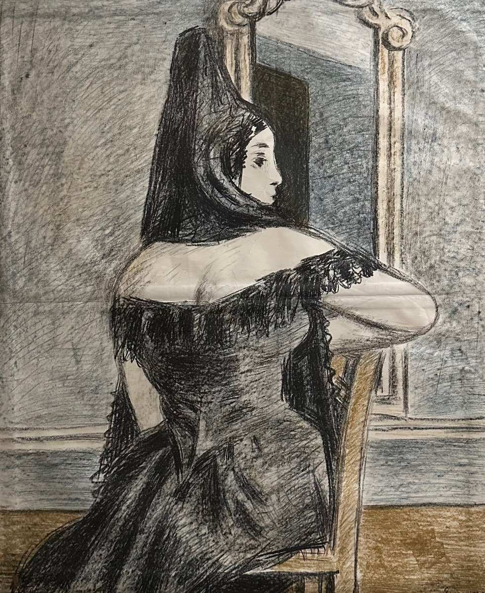 Wilhelm Gimmi - The Spanish Woman - Large Pastel On Paper 