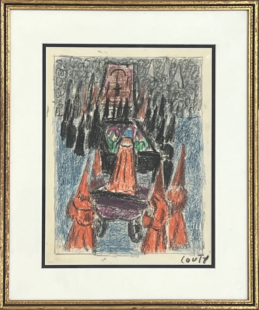 Jean Couty - Procession De La Sanch à Perpignan - Pastel Sur Papier 