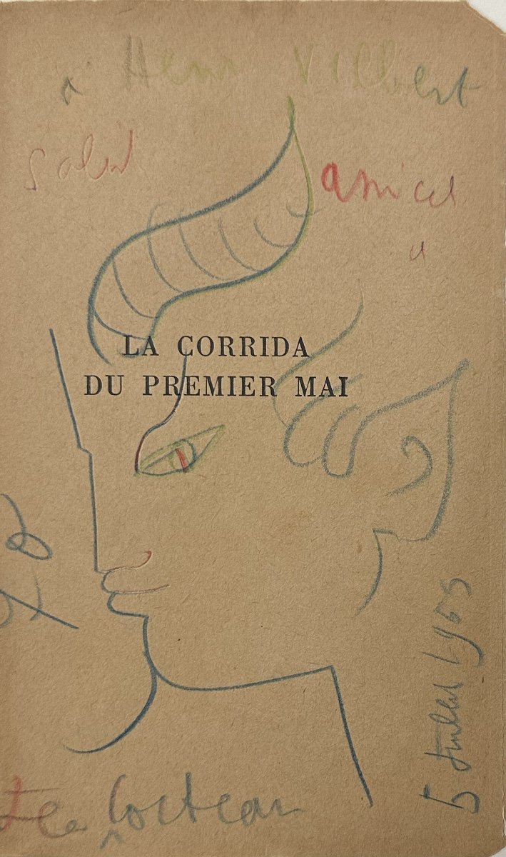 Jean Cocteau - Tête De Faune - Dessin Autographe Aux Crayons Bleu, Rouge Et Vert - 1959-photo-2