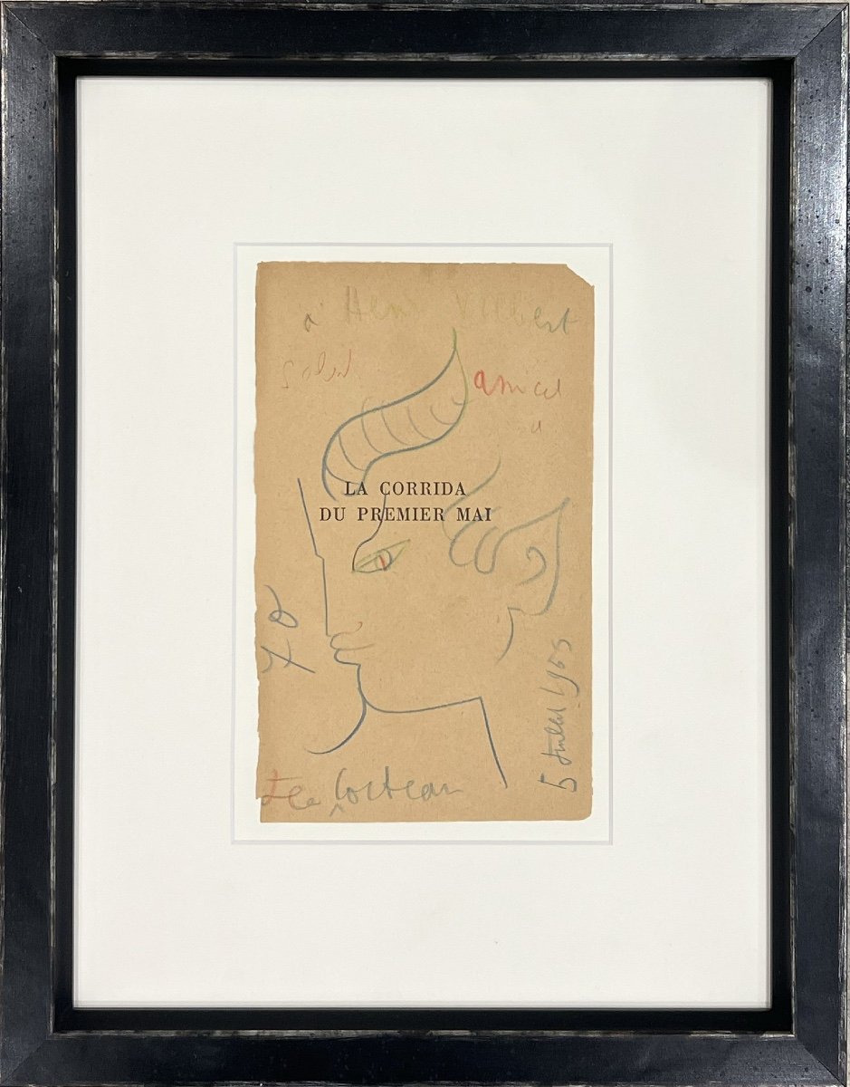 Jean Cocteau - Tête De Faune - Dessin Autographe Aux Crayons Bleu, Rouge Et Vert - 1959