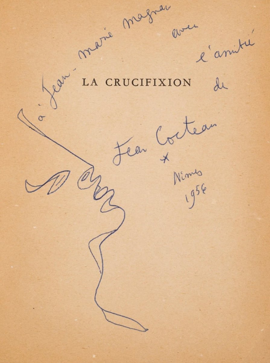 Jean Cocteau - Profile Of A Young Man In Blue, Nice - Autographed Drawing - 1956-photo-2