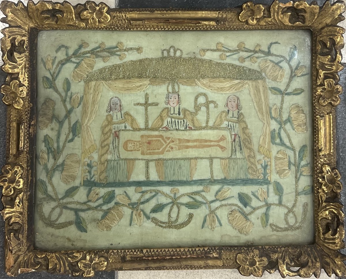 18th Century French Work - The Shroud Of Besançon - Embroidery And Gouache On Silk