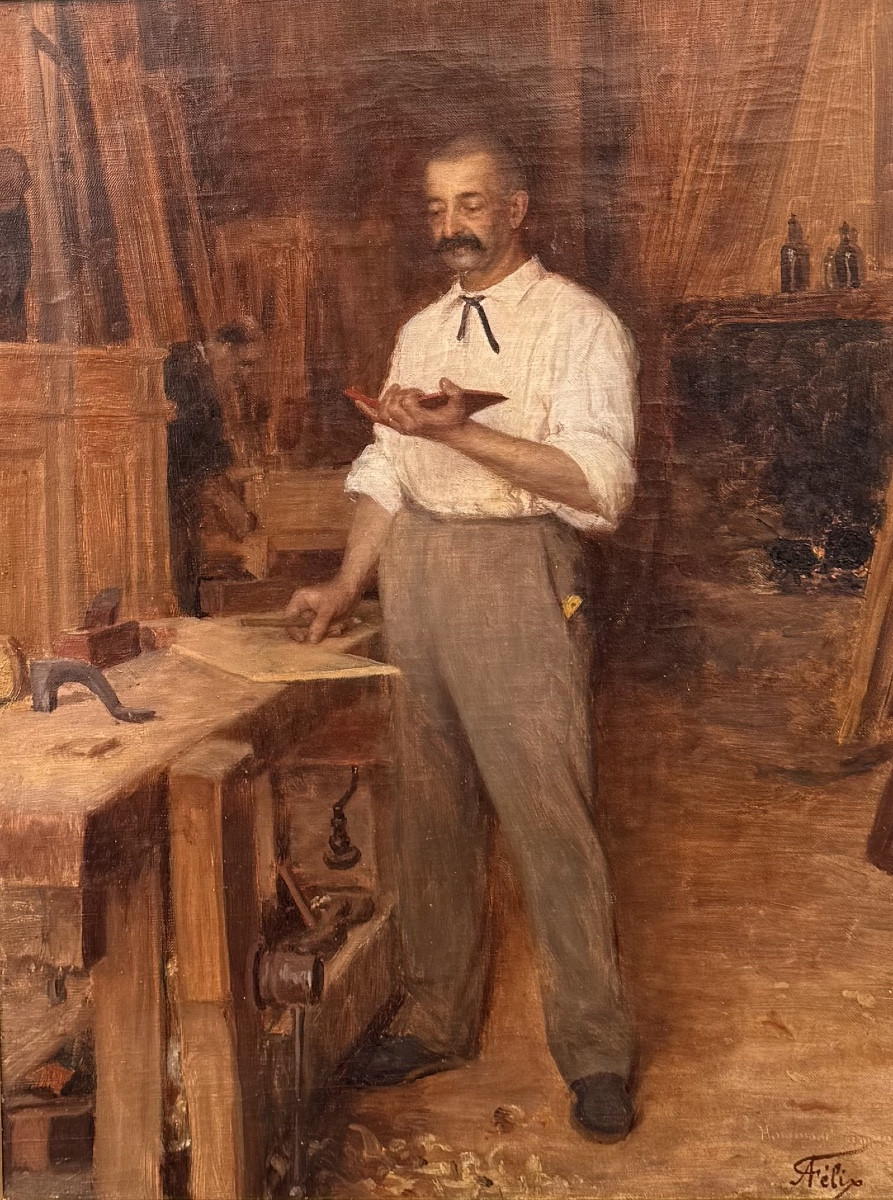 Auguste Félix - Mr. Charignon Dans Son Atelier - Huile Sur Toile 