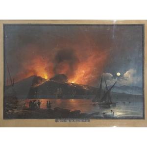 Grande Gouache Napolitaine - Souvenir Du Grand Tour - XIXe Siècle - Eruption Du Vésuve