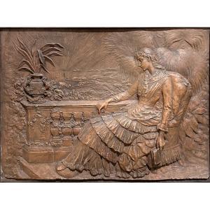 Emile Soldi - Femme Au Balcon - Bas Relief En Terre Cuite 