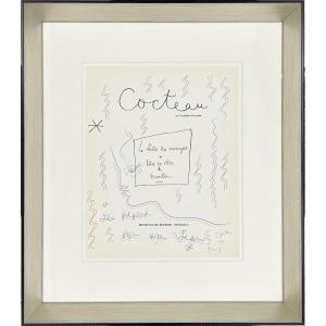 Jean Cocteau - Profil Double - Dessin Autographe - 1958