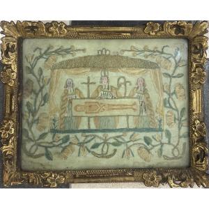 18th Century French Work - The Shroud Of Besançon - Embroidery And Gouache On Silk