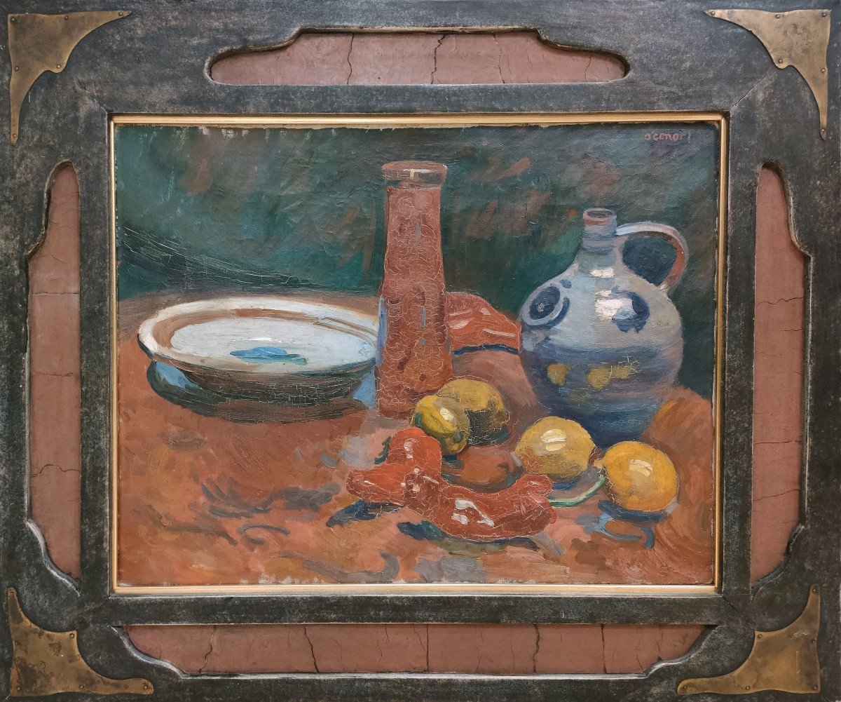 Nature Morte, Ribes et Cuivre, Peinture à l'Huile sur Toile, 19ème Siècle