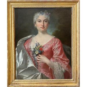 Louis Tocqué (1696-1772)- Attributed-portrait Of A Lady With A Bouquet Of Carnations