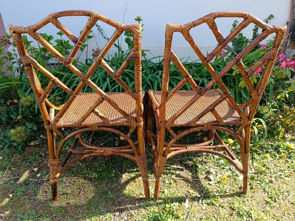 Pair Of Bamboo And Woven Wicker Chairs 70'-photo-2