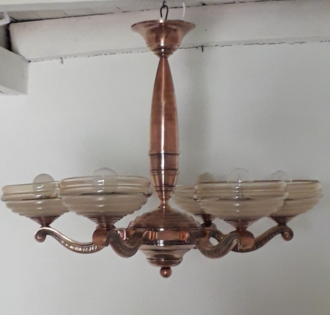 Art Deco Bronze Chandelier With Copper Patina -photo-4