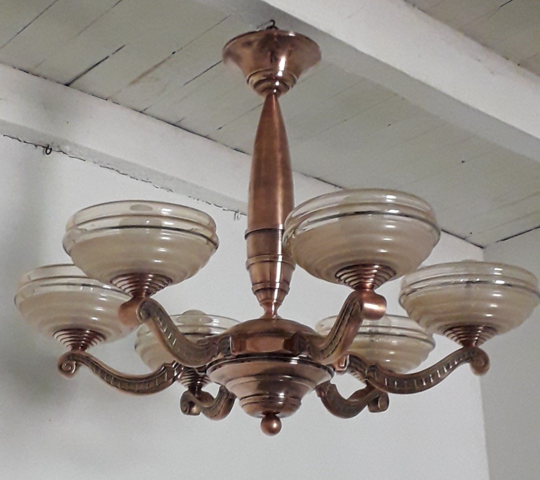 Art Deco Bronze Chandelier With Copper Patina 