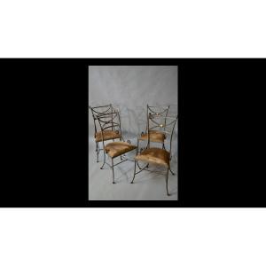 Series Of 4 Stylized Italian Wrought Iron Chairs 70s