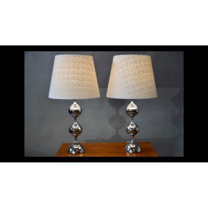 Pair Of Large Lamps In Chromed Metal And "augmented" Fabric