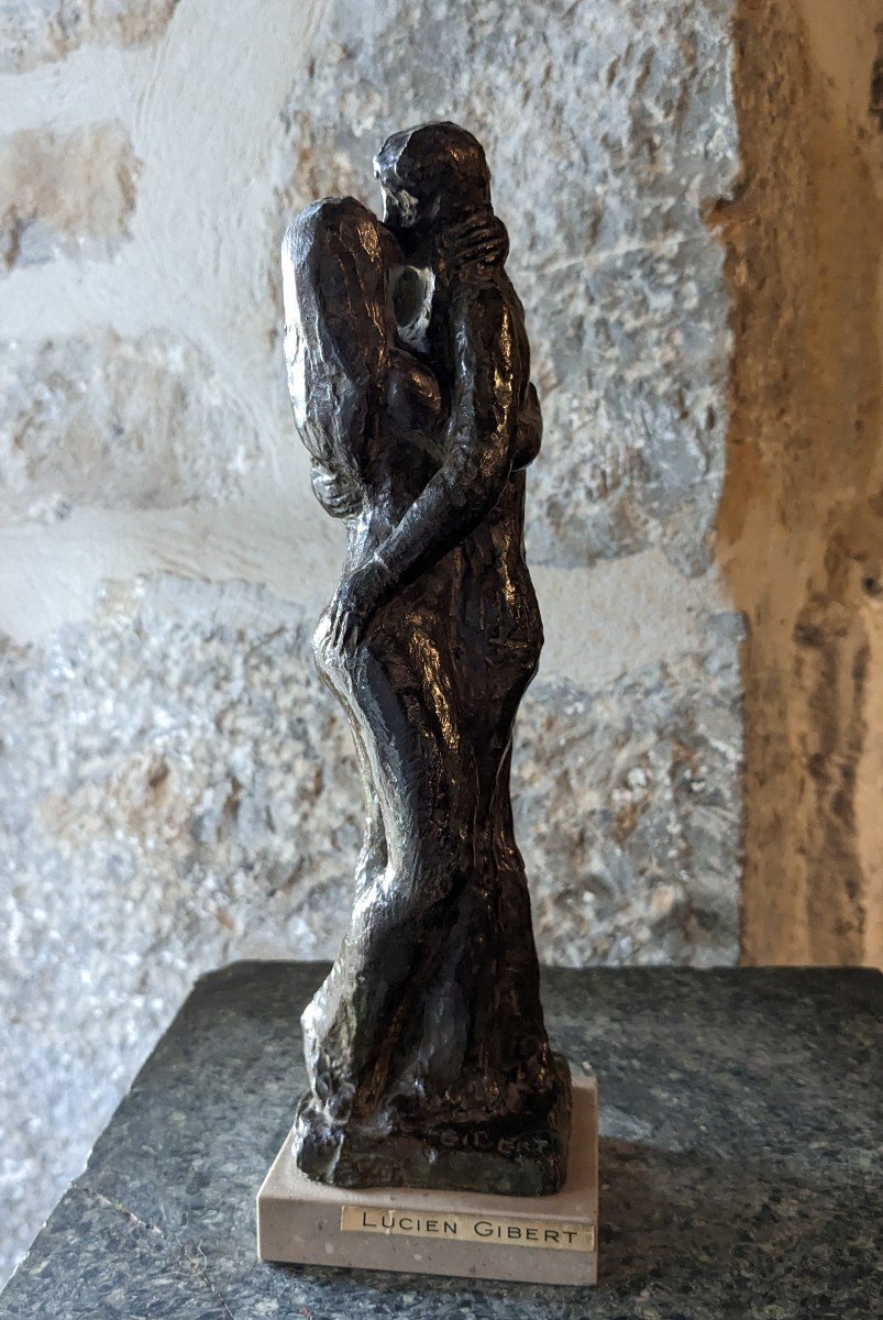 Lucien Gibert(1904-1988)  Couple Amoureux, Le Baiser, Bronze Signé,  Cachet Fondeur-photo-3