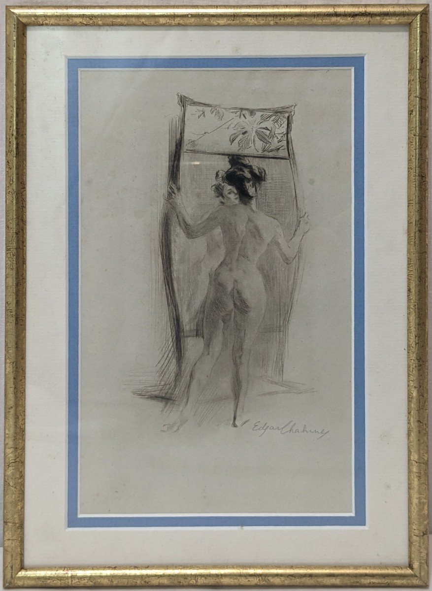 Pair Of Engravings By Edgar Chahine 1874-1947 Nude In The Mirror, And Nude On The Knee, Framed-photo-2