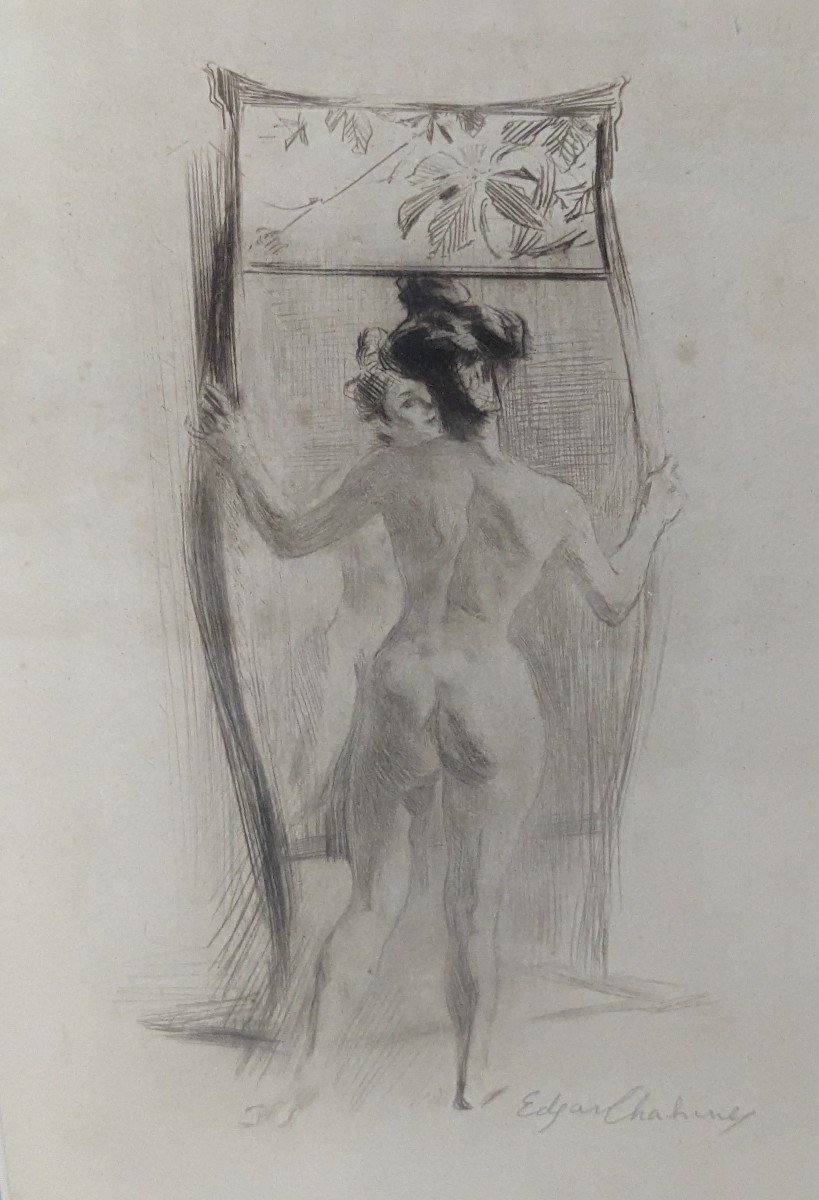 Pair Of Engravings By Edgar Chahine 1874-1947 Nude In The Mirror, And Nude On The Knee, Framed-photo-4