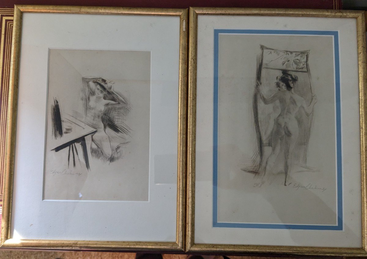 Pair Of Engravings By Edgar Chahine 1874-1947 Nude In The Mirror, And Nude On The Knee, Framed