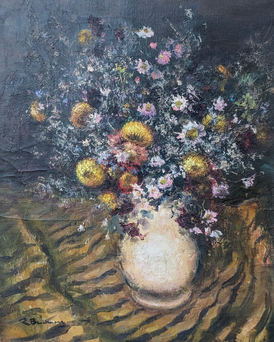 Roger Berckmans, né en 1900 , école Belge , Bouquet De Fleurs , Huile Sur Toile 