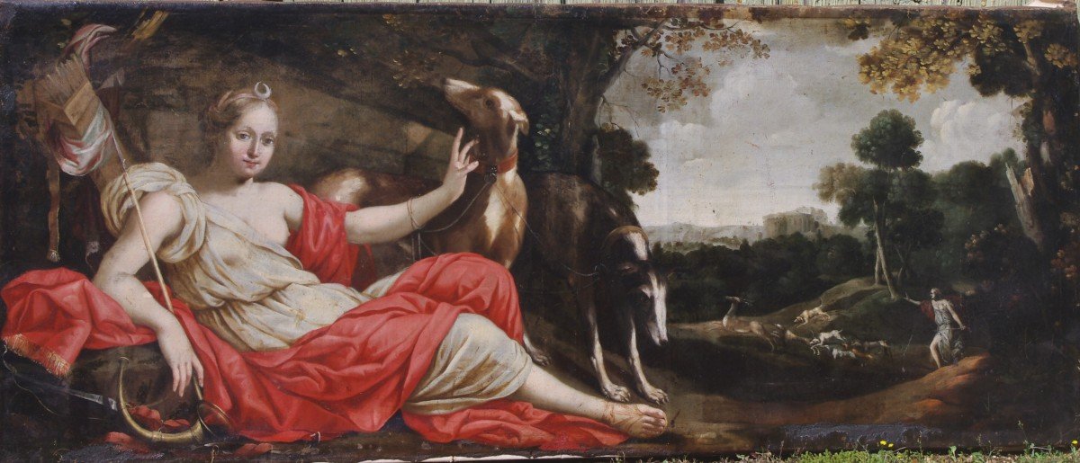 Large 17th Century Painting, The Rest Of Diana, 226cm By 91cm Period Frame -photo-3