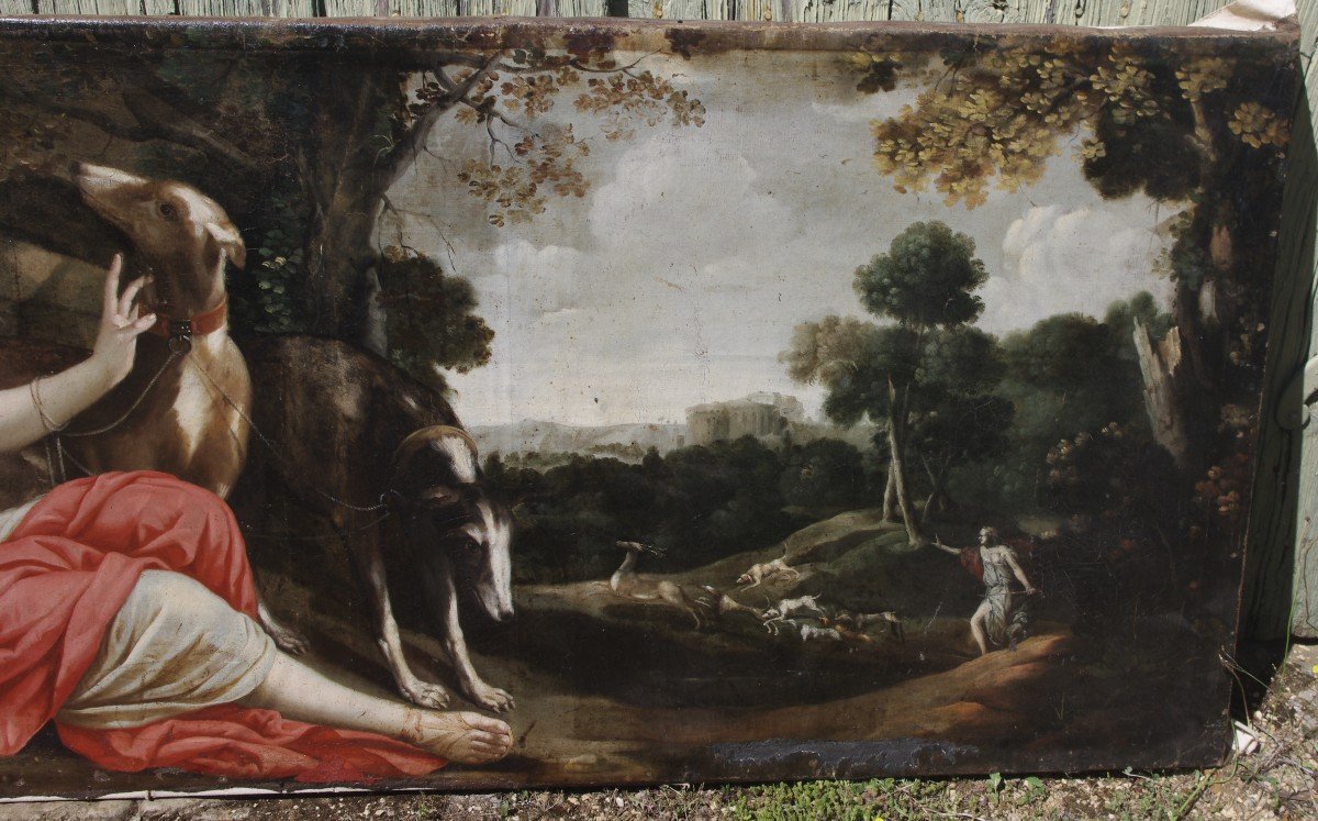 Large 17th Century Painting, The Rest Of Diana, 226cm By 91cm Period Frame -photo-4