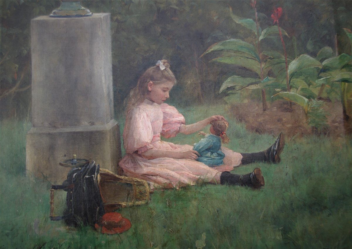 Félix G. Berne-Bellecour ( ?_  1905)  Petite Fille Jouant Avec Sa Poupée Dans Le Jardin-photo-2