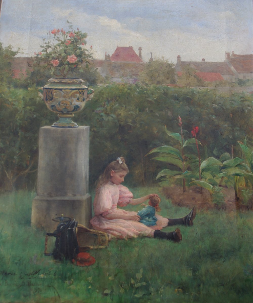 Félix G. Berne-Bellecour ( ?_  1905)  Petite Fille Jouant Avec Sa Poupée Dans Le Jardin-photo-4