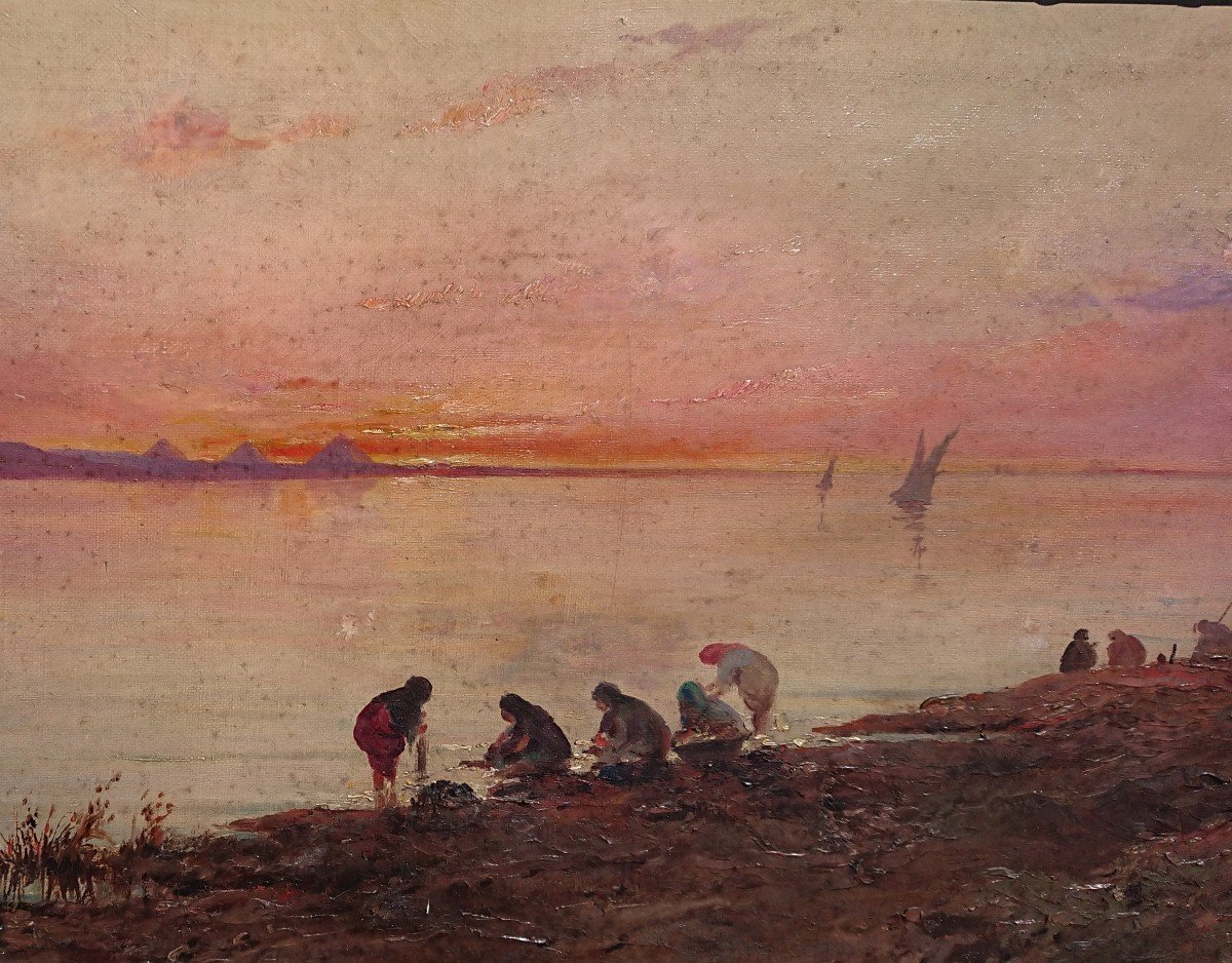 Nicola Forcella (  1868- ?) Lavandières sur les rives du Nil  le soir ,Fin 19eme Italien-photo-2