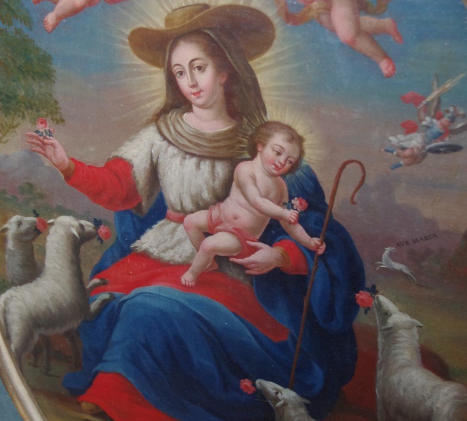 Virgin With Lambs, Provençal School From The Very Beginning Of The 19th, Oil On Canvas-photo-2