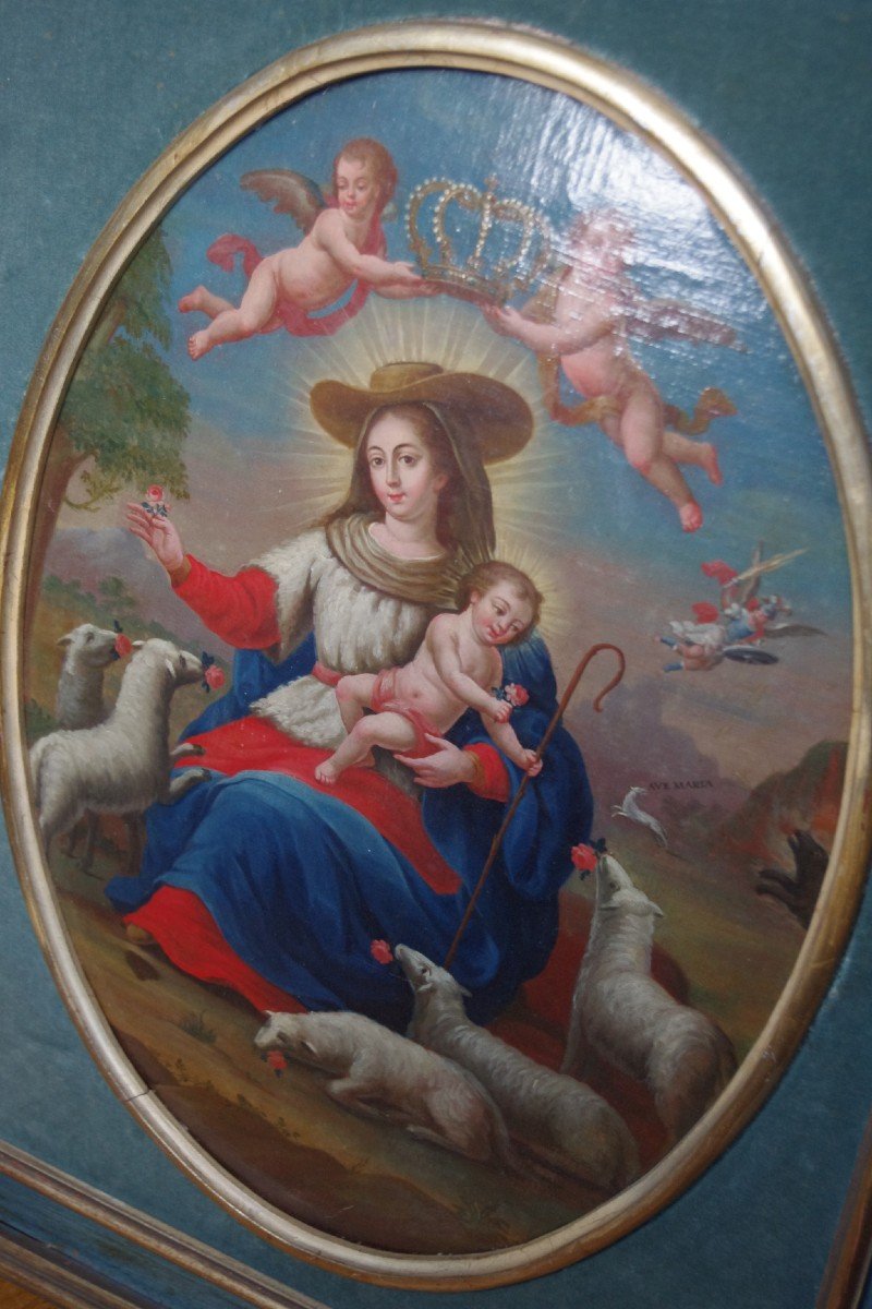 Virgin With Lambs, Provençal School From The Very Beginning Of The 19th, Oil On Canvas-photo-2