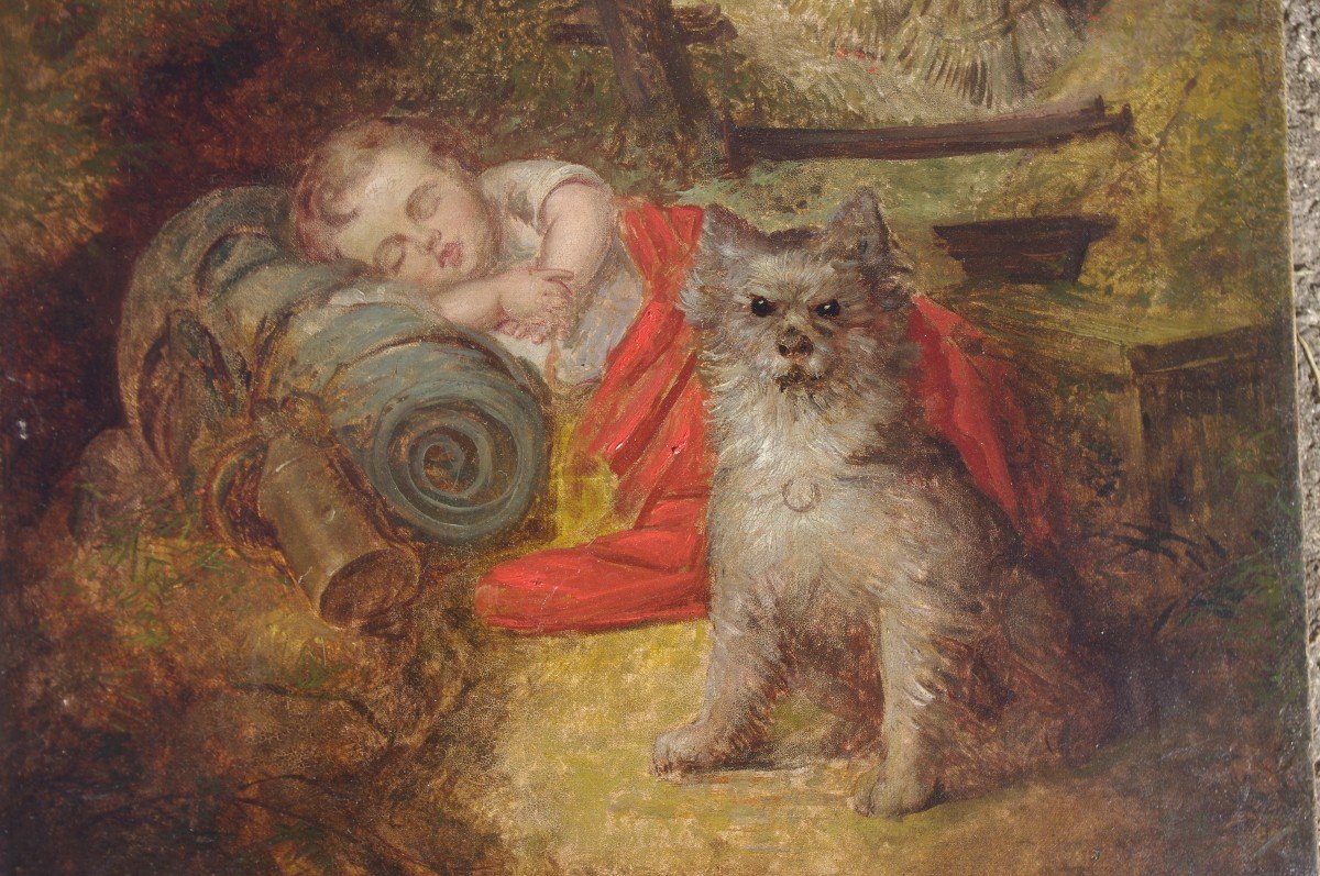 John Eaton Walker (1820 1880) La Sieste de l &#039;enfant et de son chien, Huile Sur Toile Sign&eacute;-photo-3