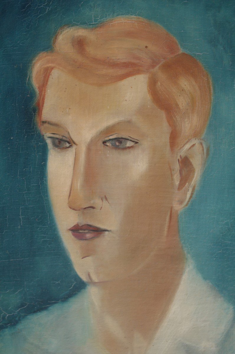 Jacinto Salvado (1892-1983) Portrait De Jeune Homme Huile Sur Toile, Peintre Espagnol Catalan-photo-2