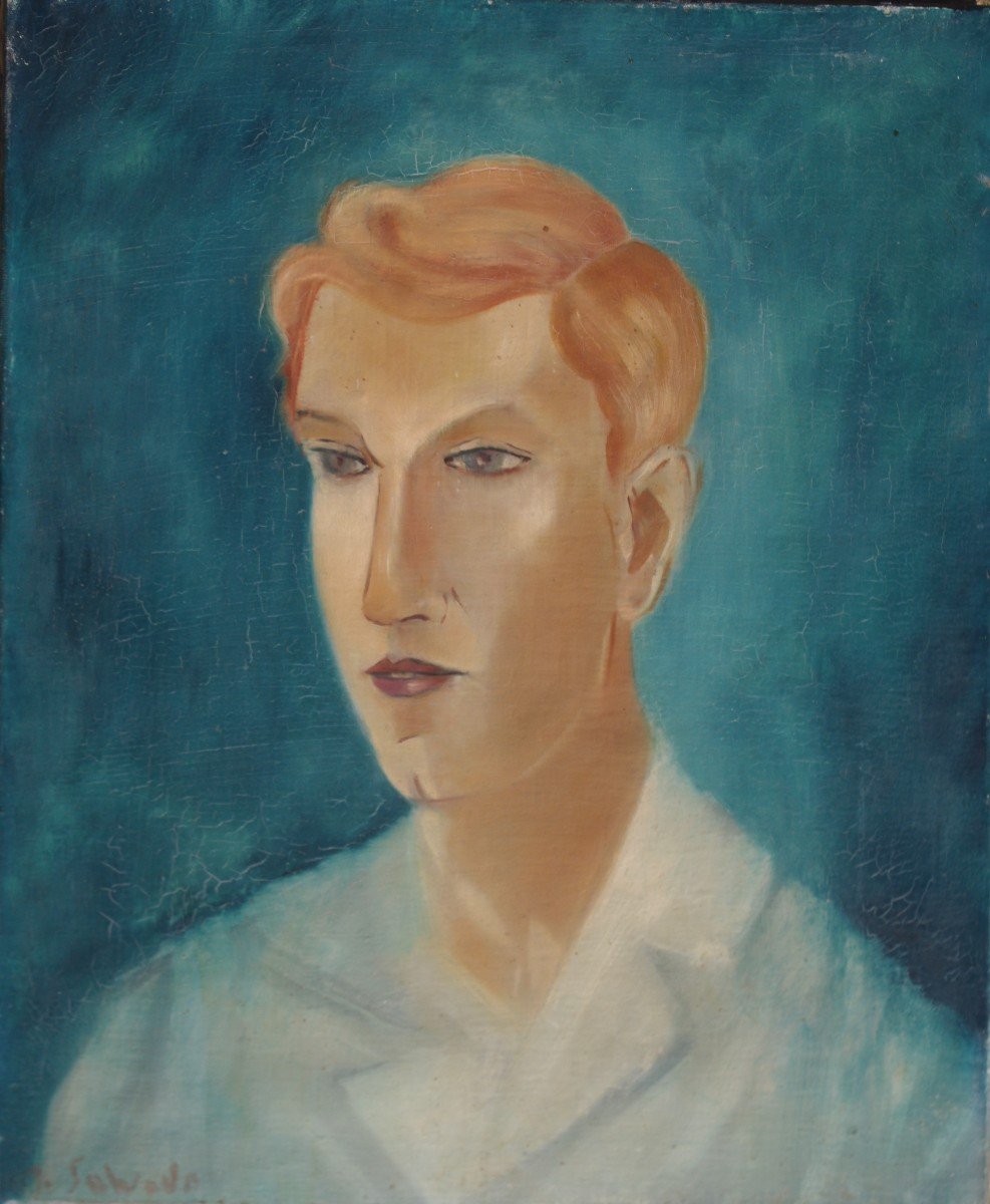 Jacinto Salvado (1892-1983) Portrait De Jeune Homme Huile Sur Toile, Peintre Espagnol Catalan