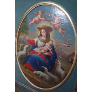 Virgin With Lambs, Provençal School From The Very Beginning Of The 19th, Oil On Canvas