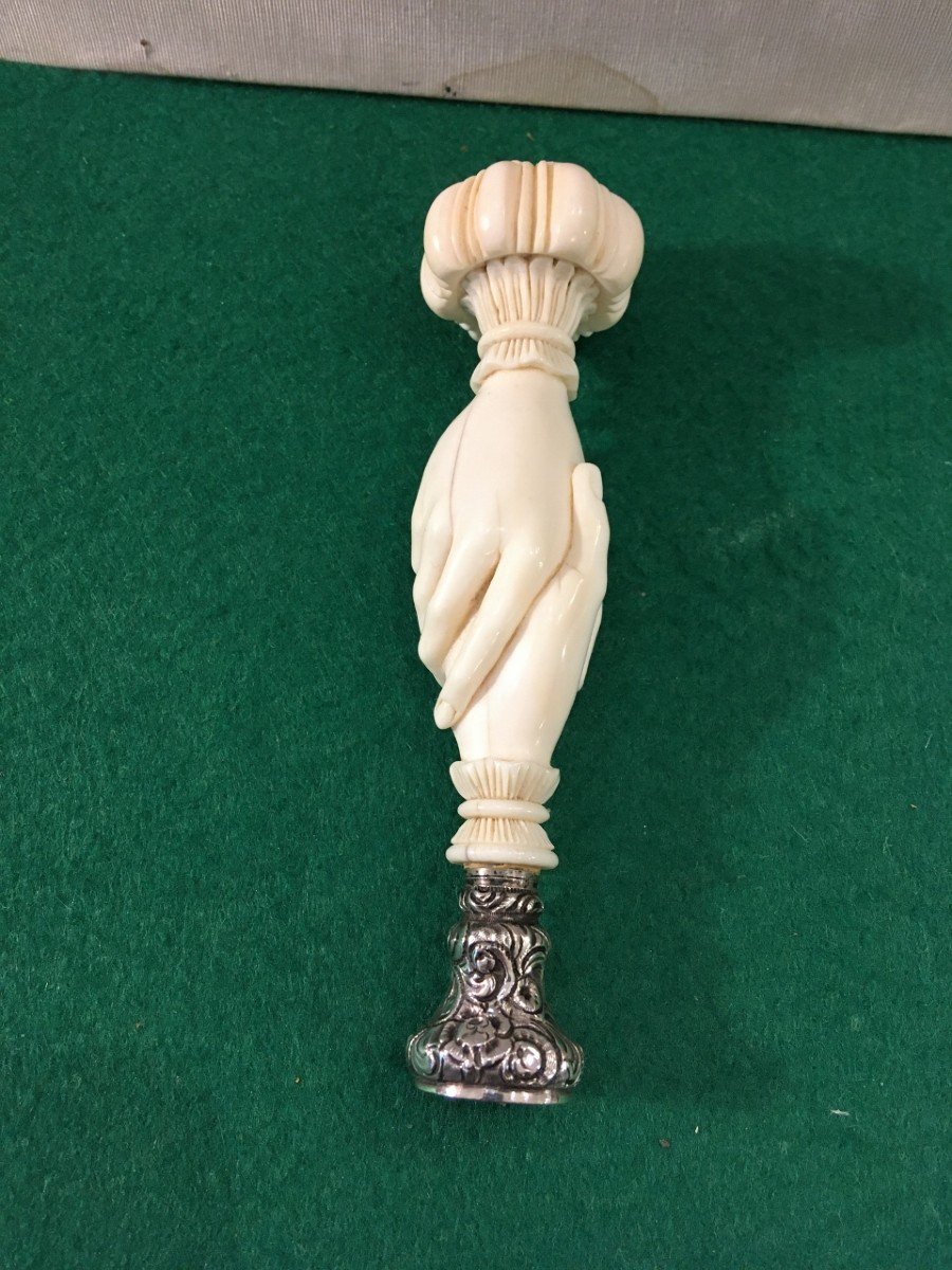 Large Masonic Seal In Carved Ivory And Silver Matrix From The 19th Century-photo-1