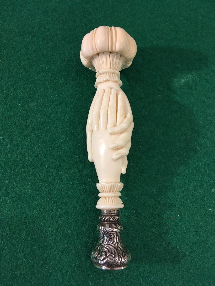 Large Masonic Seal In Carved Ivory And Silver Matrix From The 19th Century