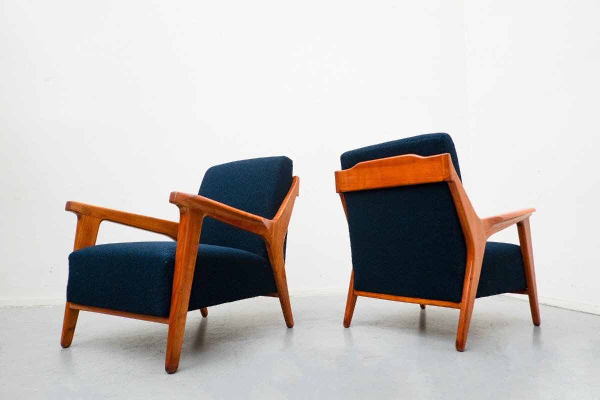 Pair Of Blue Armchairs Attributed To Melchiorre Bega, Cherry, Italy, 1950.