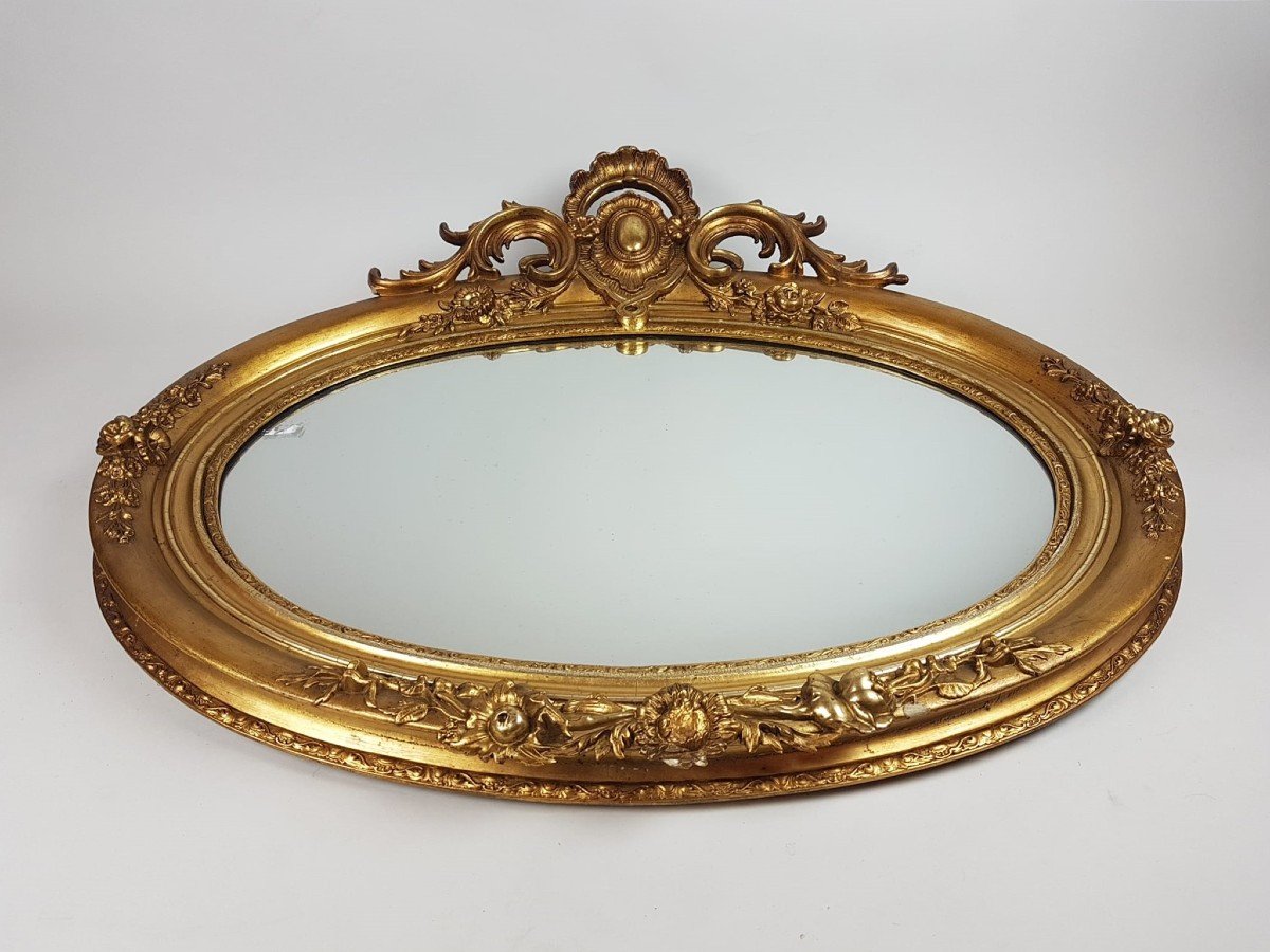 Oval Mirror In Wood And Golden Stucco, Late 19th-photo-4