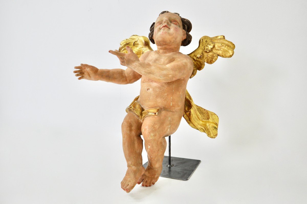 Paire d'Anges En Bois Polychrome-photo-2