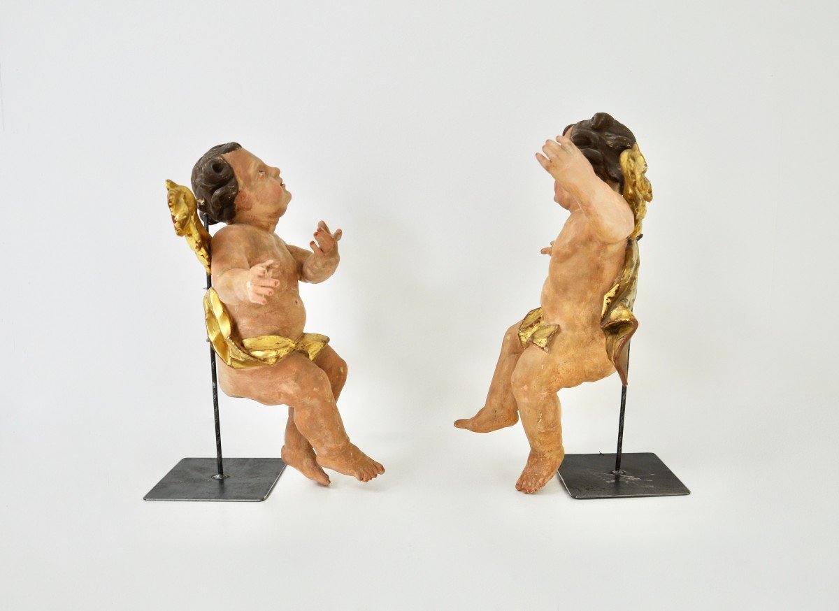 Paire d'Anges En Bois Polychrome-photo-5