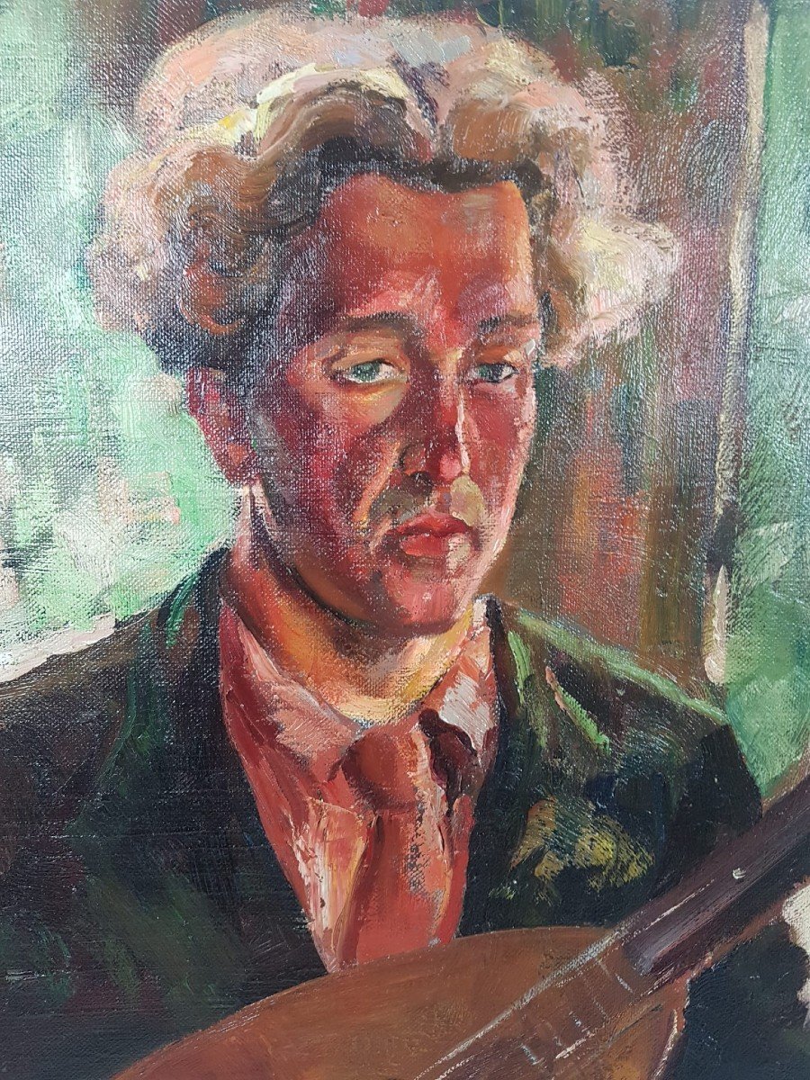 Lucien Hock, Belgian School (1899 - 1972), Oil On Canvas "guitarist"-photo-4